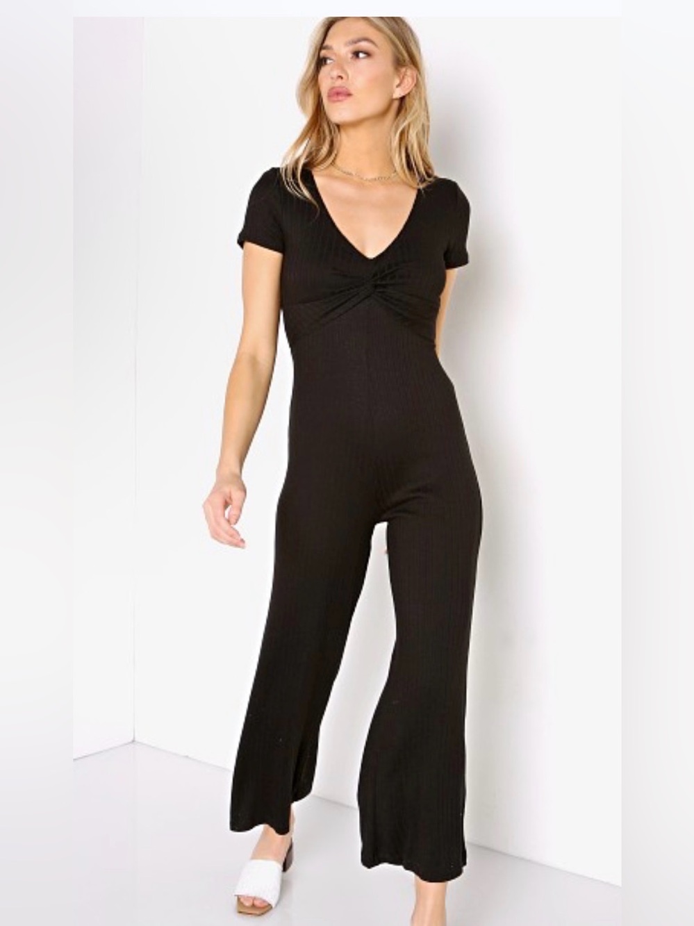 L*Space Jasmine Jumper Ribbed Twist Front Wide Leg Jumpsuit in Black - Size S/P